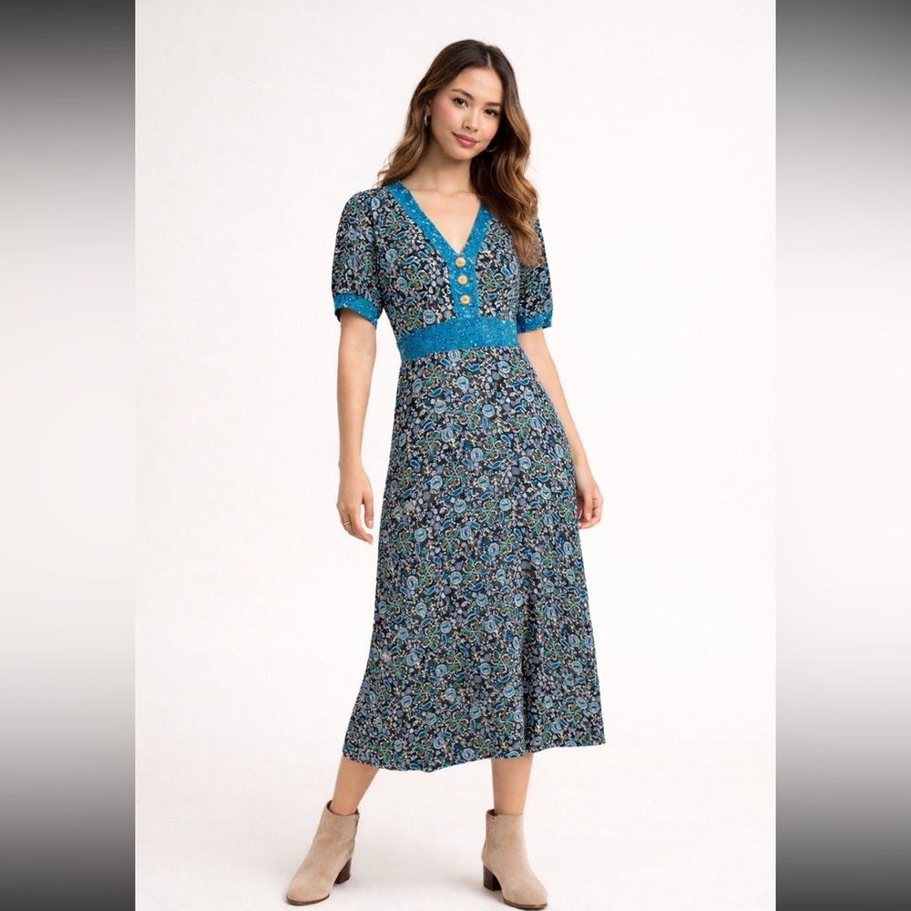 NWT LOFT Boho Patterned Dress w/ Puff Sleeves Cottagecore Size Small Paisley - Picture 1 of 14